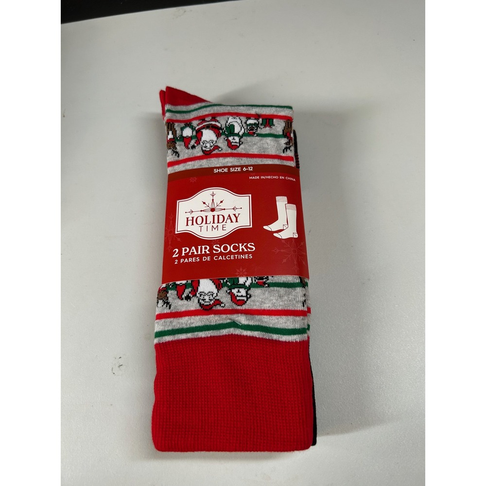 Holiday Time Christmas Socks 2 Pair Novelty Crew Socks Santa Plaid Size 6-12 NWT